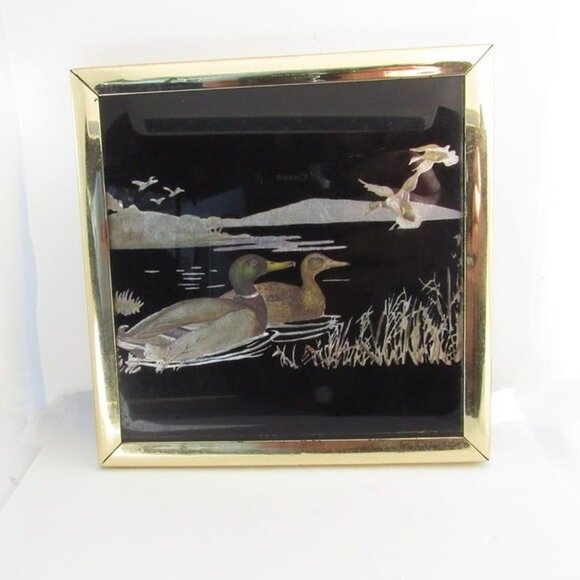 Vintage Pair Kafka Foiled Screened Etching Glass Art Ducks #1016 #1 - Picture 8 of 12
